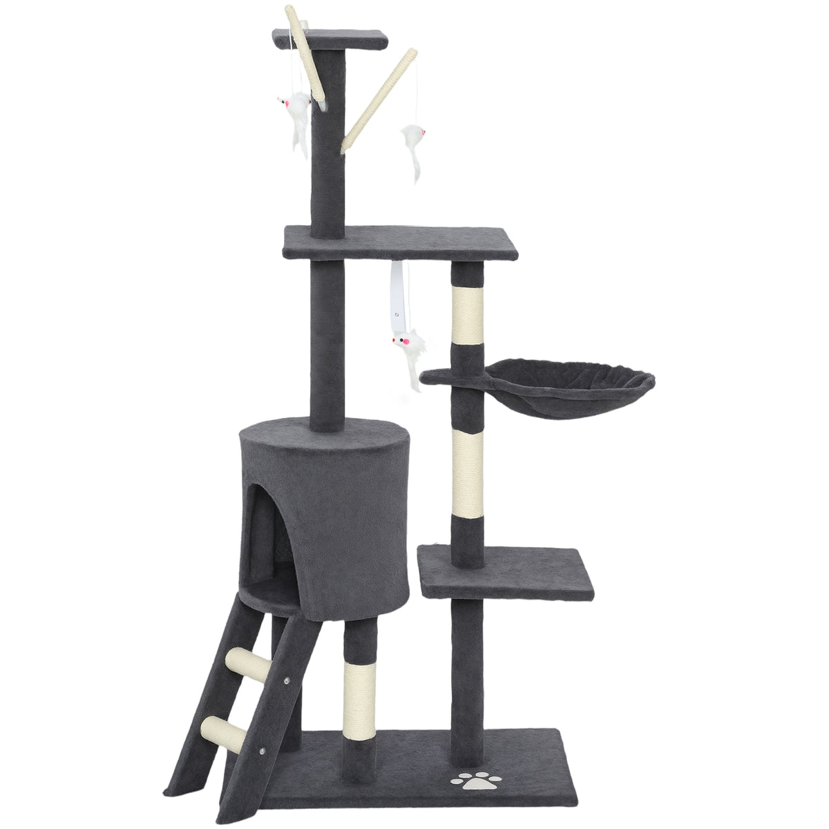 53" Cat Tree Tower, Kitten Activity Centre with Scratching Posts, Condo, Perches, Ladder, Hammock, Dangling Toys, Grey