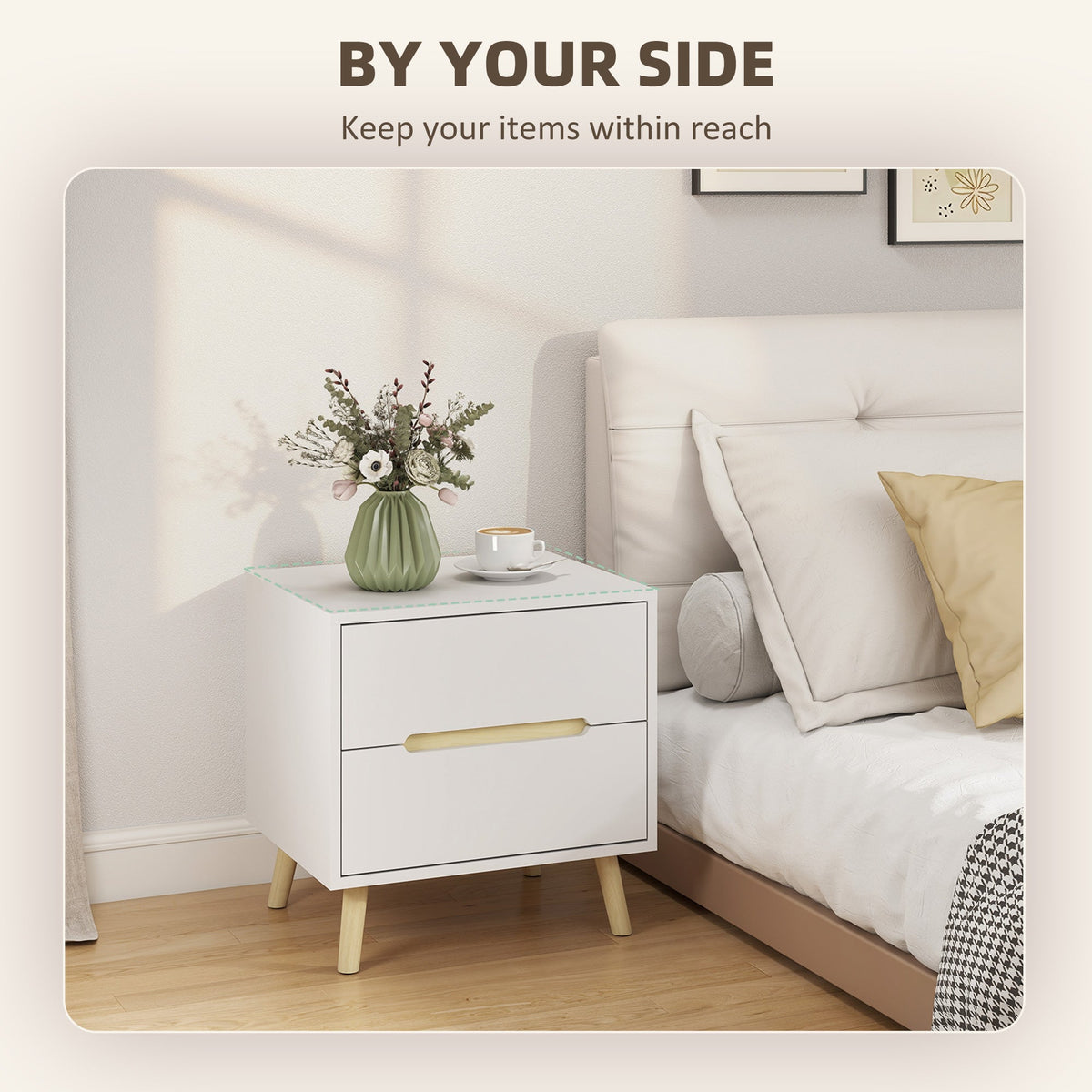 Nightstand, Bedside Table with 2 Drawers, Modern Side End Table with Solid Wood Legs for Bedroom, White