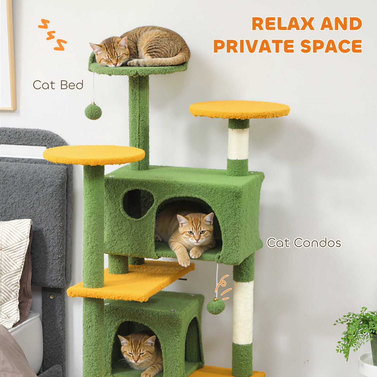 54" Cat Tree, Multi-Level Cat Tower with Scratching Posts, Cat Condos, Bed, Platforms, Ramp, Toy Ball, Beige