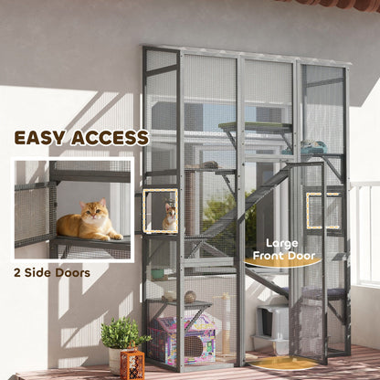 Large Outdoor Catio with 6 Jumping Platforms, Scratching Post, 2 Ramps, Waterproof Roof, Grey