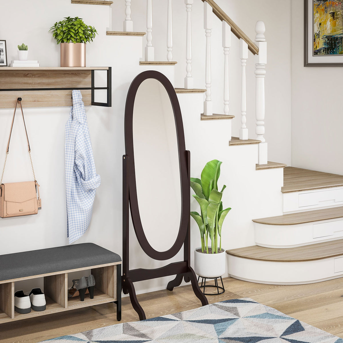 Floor Standing Mirror Full Length Mirror with Adjustable Angle Oval Frame for Dressing Room Bedroom Living Room White