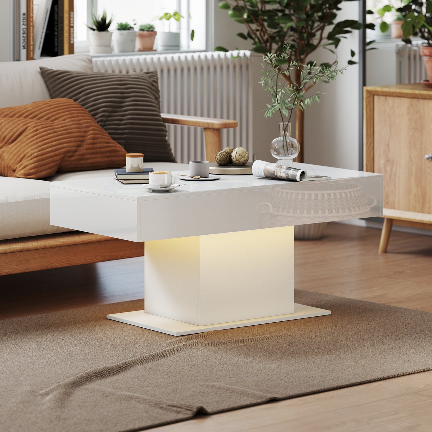 Halston Extendable Coffee Table with LED Lights and Hidden Storage-White
