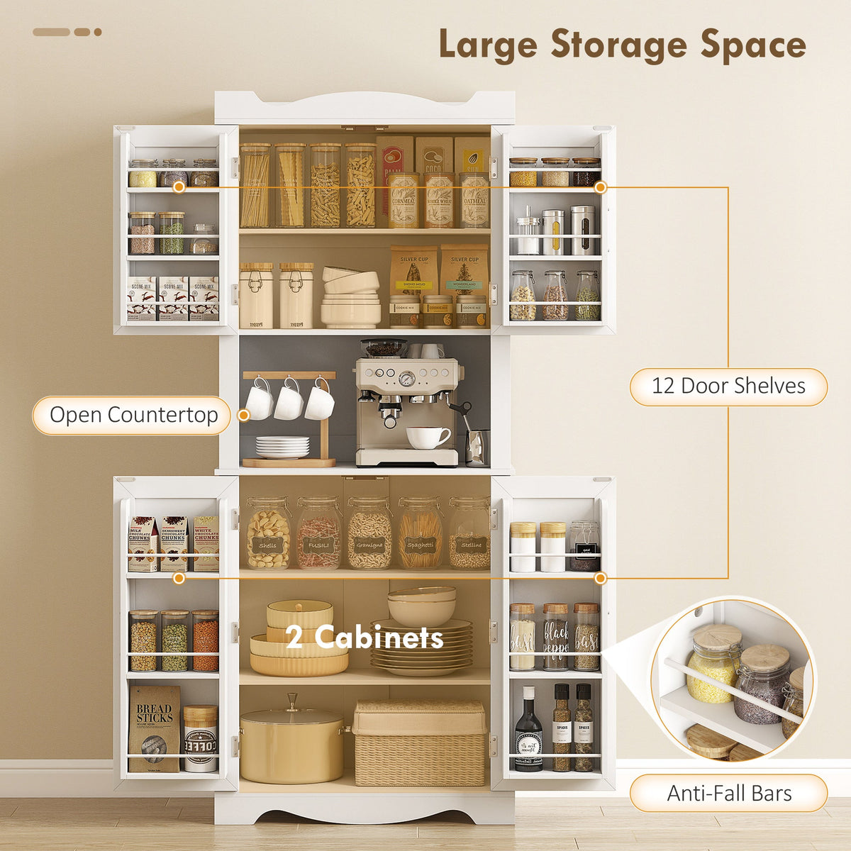 73" Kitchen Pantry Cabinet, Freestanding Kitchen Hutch with 12 Door Shelves, Adjustable Shelves, Microwave Stand, Black