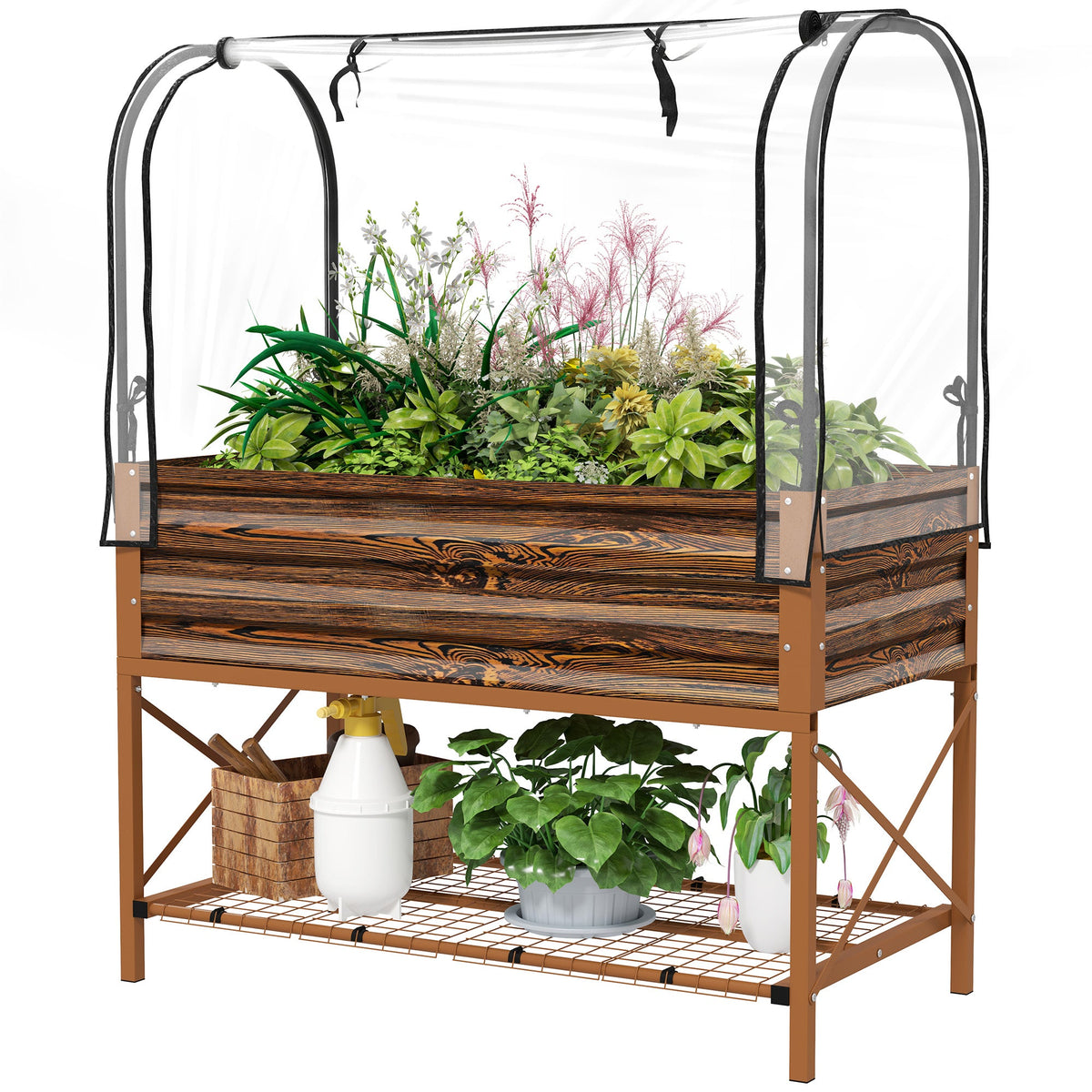 Raised Garden Bed with Cover, Metal Elevated Planter Box with Bottom Shelf and Liner, Black