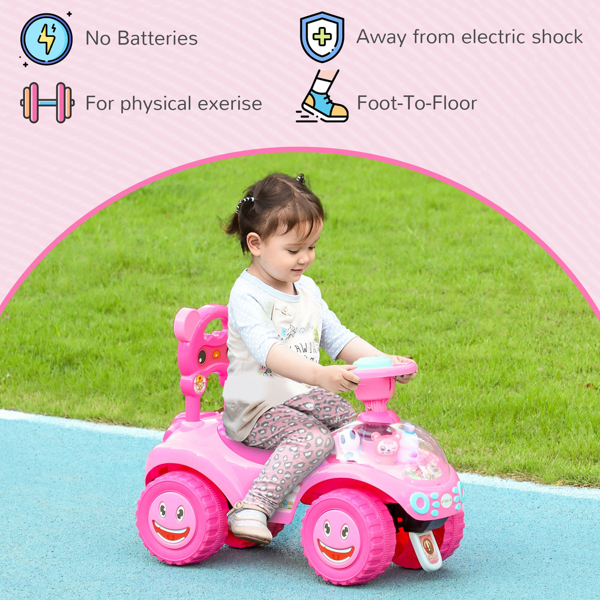 Toddlers Push Car with Horn, Light, Music, Anti-Over-Backwards Device, Steering Wheel, Under Seat Storage, Pink