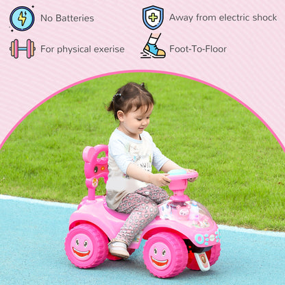 Toddlers Push Car with Horn, Light, Music, Anti-Over-Backwards Device, Steering Wheel, Under Seat Storage, Pink