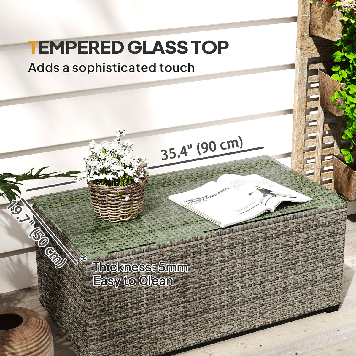 Wicker Outdoor Coffee Table, PE Wicker Rectangular Patio Table with Tempered Glass Top for Garden, Balcony, Dark Grey