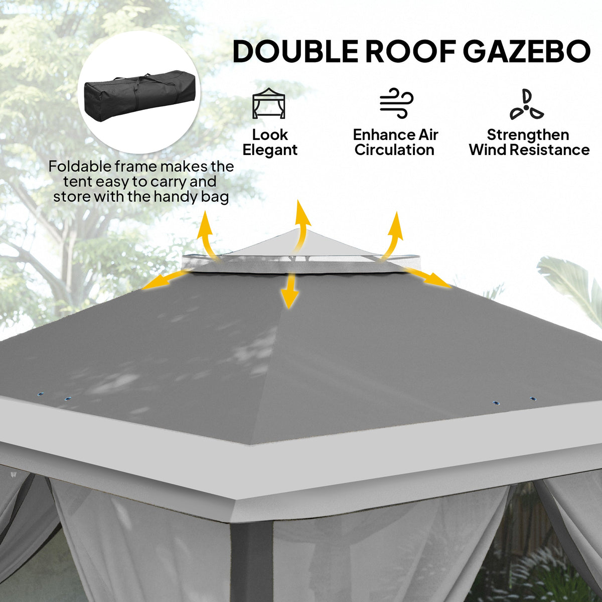11' x 11' Pop Up Gazebo, Double Roof Foldable Height Adjustable Canopy Tent with Mesh Sidewalls, Carrying Bag, Beige