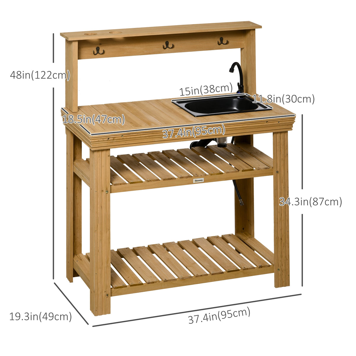 Outdoor Potting Bench Table with Faucet, Removable Sink, Hooks and Storage Shelves, Wood Work Bench Workstation, Grey