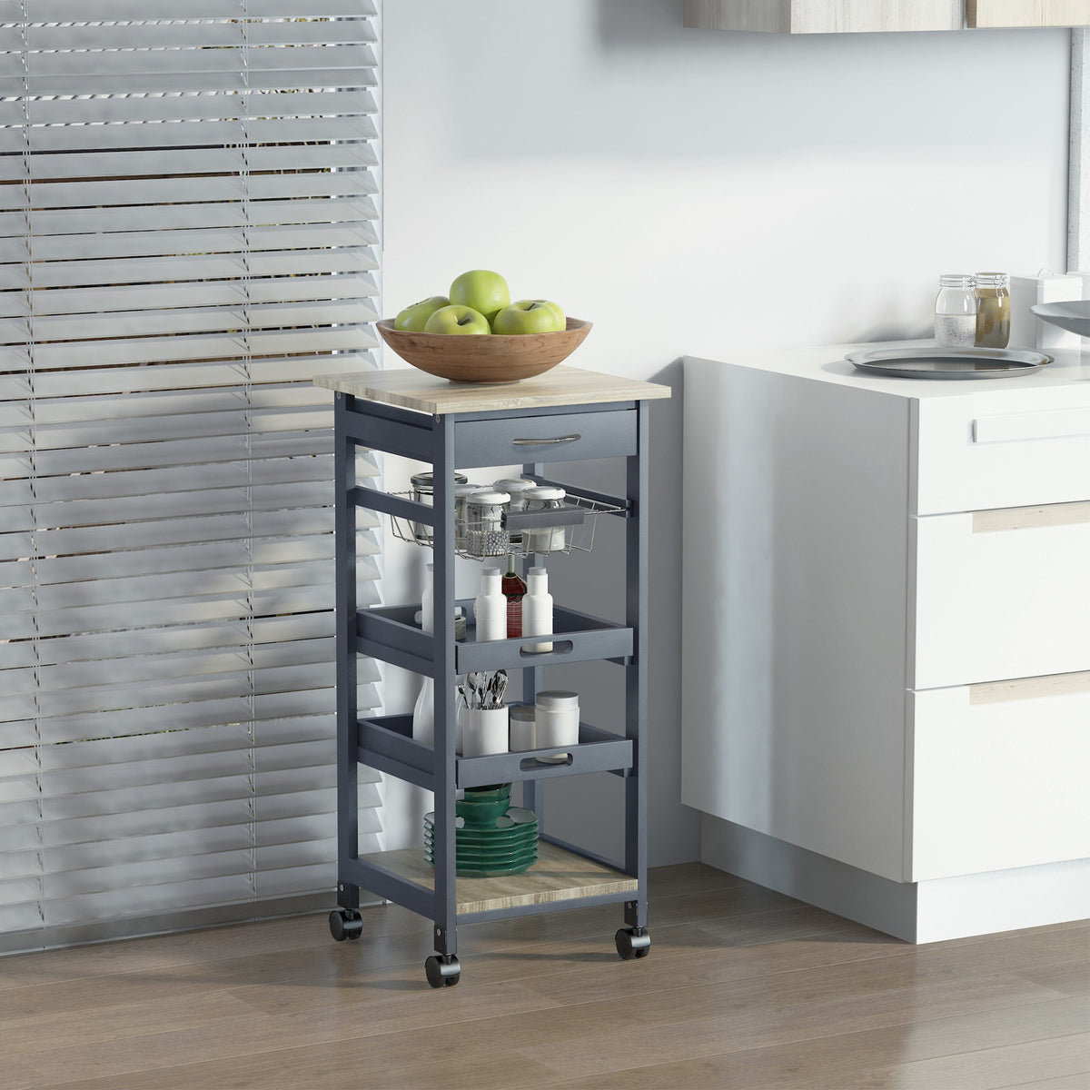 Rolling Kitchen Island Cart, Mobile Utility Storage Cart with Drawer, Wire Storage Basket, Removable Tray, Grey