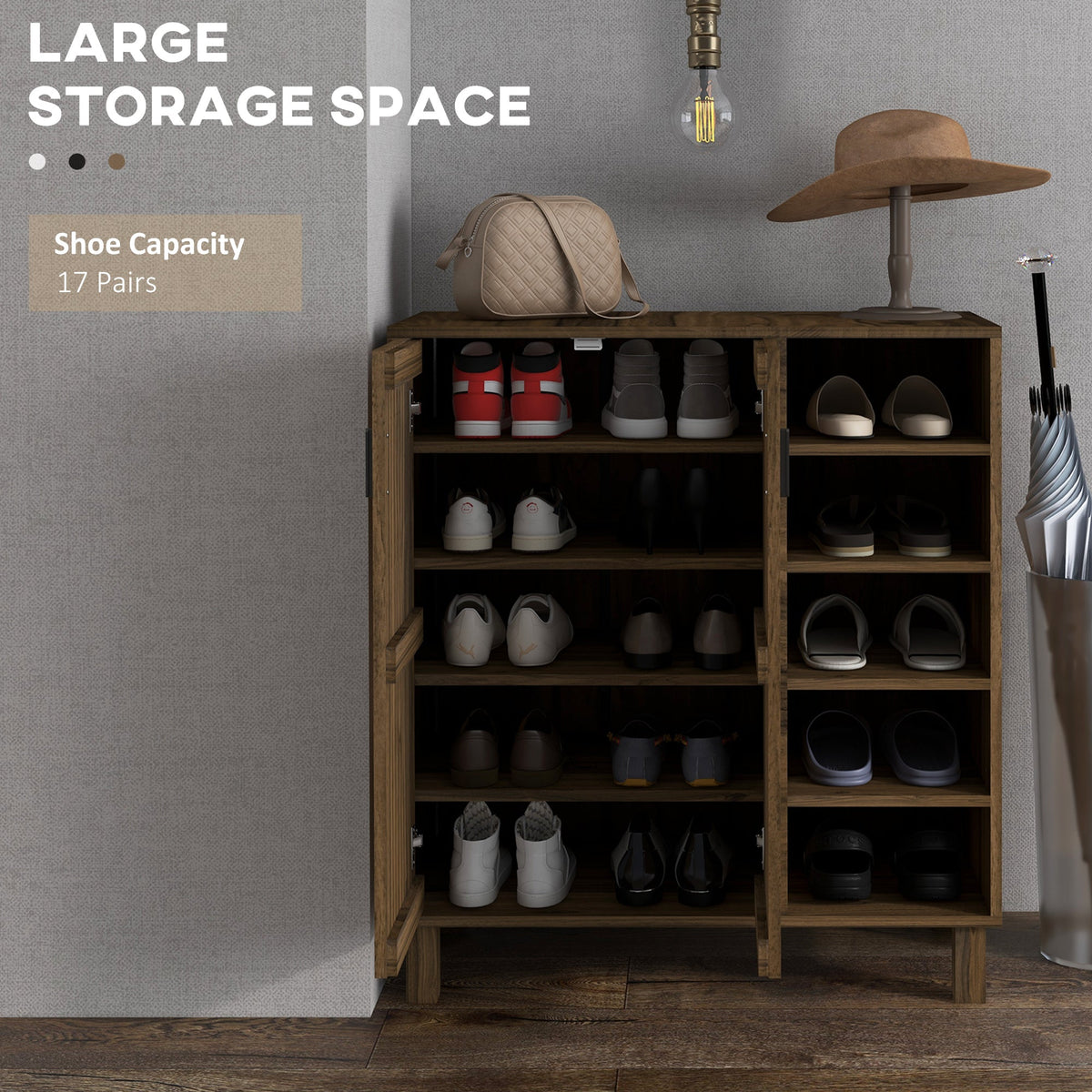 Shoe Storage with Double Doors and Open Shelves 17 Pair Shoe Storage Organizer for Entryway Hallway Black