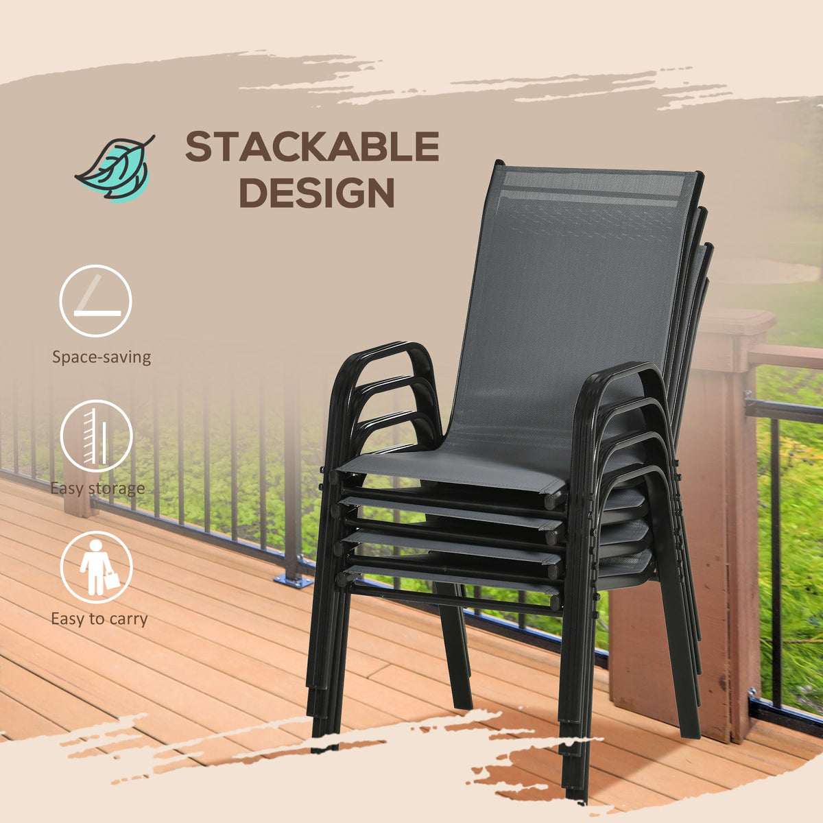 Set of 4 Outdoor Dining Chairs, Heavy Duty Stackable Patio Dining Set with Armrests for Balcony Garden, Brown and Black