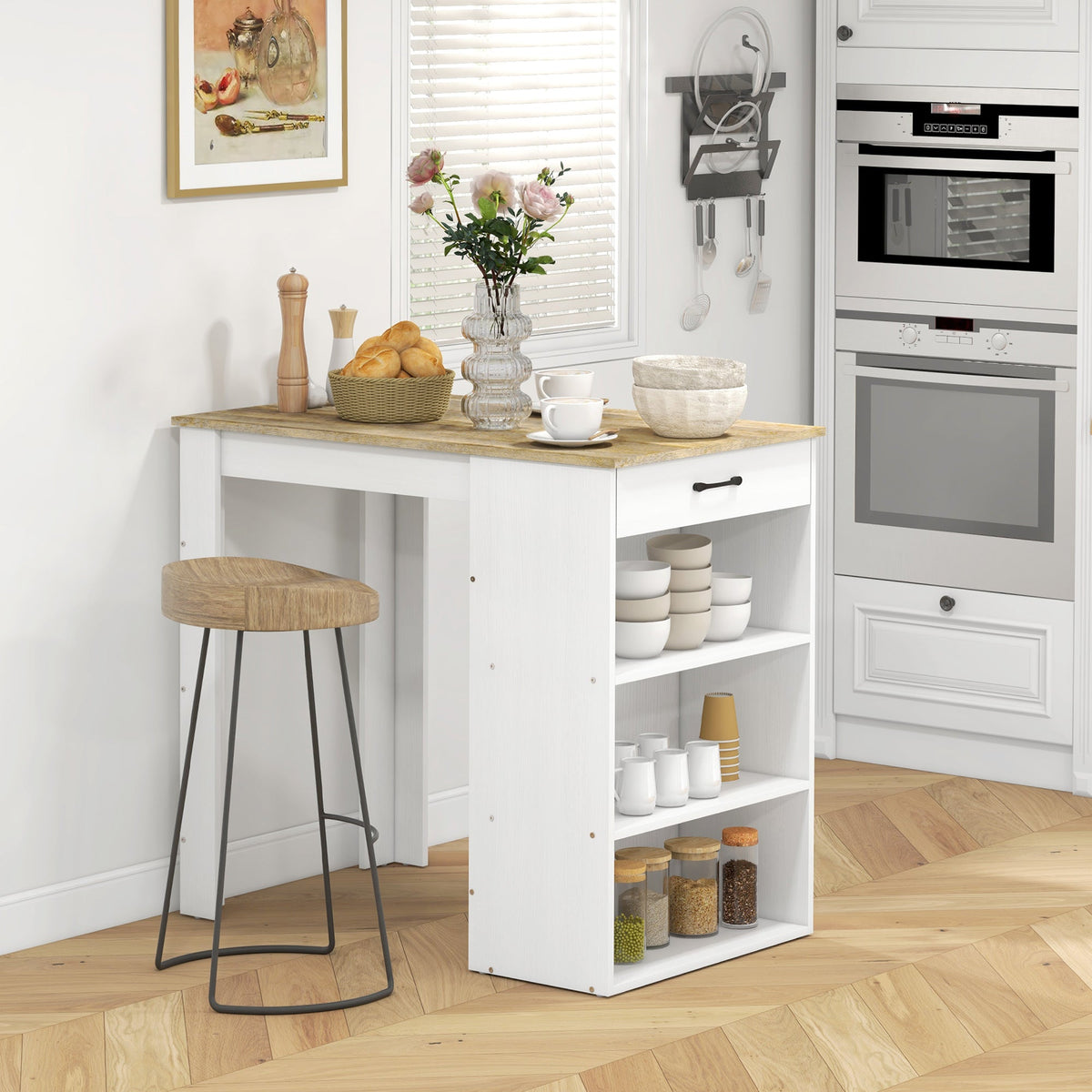 Bar Table with Drawer and 3 Storage Shelves, Bar Height Table, High Top Pub Table for Home Bar, Kitchen, Grey