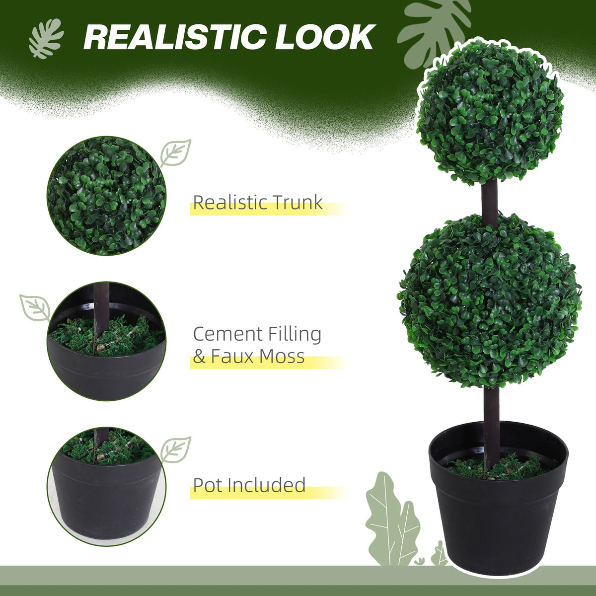 2 Ball Topiary Tree in Pot for Home Decor, Artificial Plant for Home Office, Living Room Decor, Dark Green