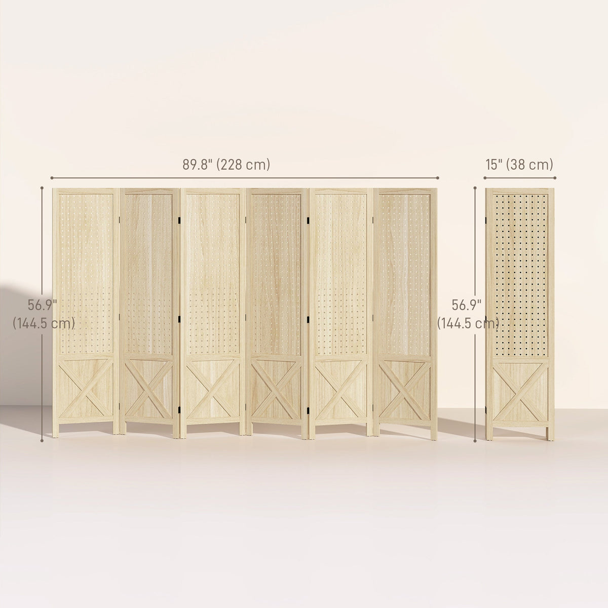 4.7' 3 Panel Wooden Room Divider with Pegboard Display, Folding Privacy Screen for Home Office, Natural