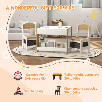 3 Piece Kids Table and Chair Set with Reversible Tabletop, Blackboard, Storage, Bookshelf, for Playroom, Nursery, Grey