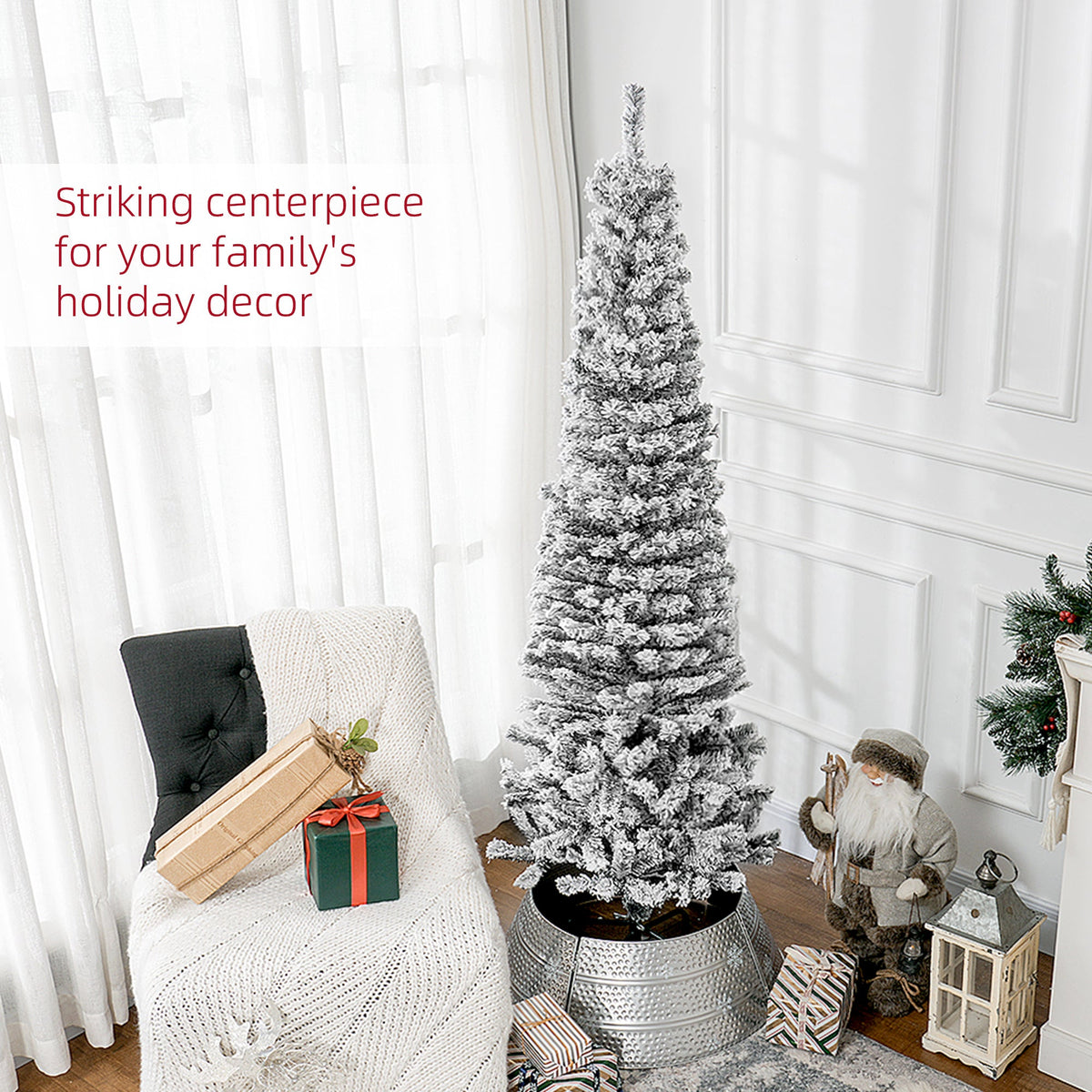 6ft Flocked Christmas Tree, Pencil Christmas Tree with Realistic Branch Tips, Folding Metal Stand, Green