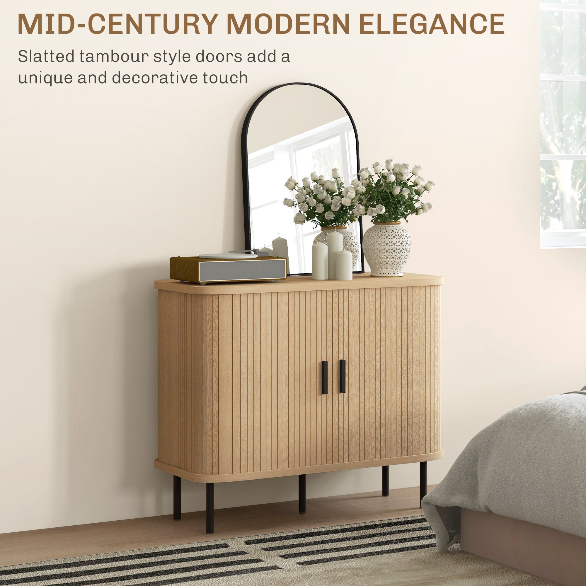 Aspen 35.4" Sideboard Buffet Cabinet with Slatted Tambour Doors-Oak