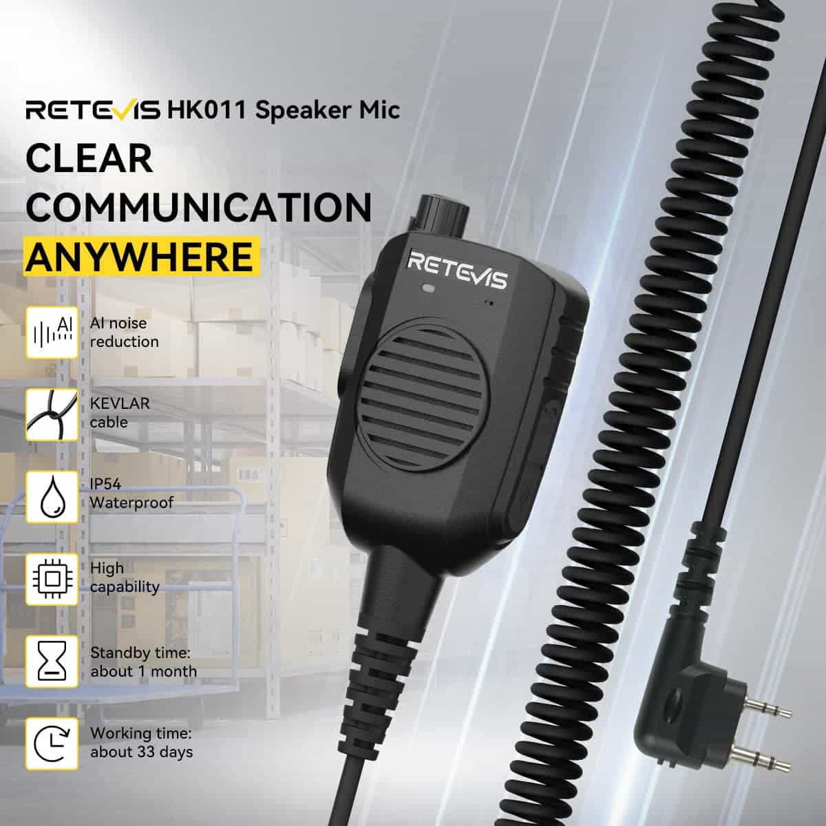 Retevis HK011 AI Noise-Canceling Speaker Mic (K1 2-Pin)