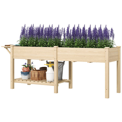 Raised Garden Bed, Wood Planter Box with Side Table, Bottom Shelf, Bed Liners and Drainage Holes, Natural