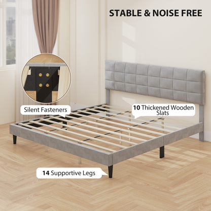Harper King Size Platform Bed Frame with Upholstered Headboard-Grey