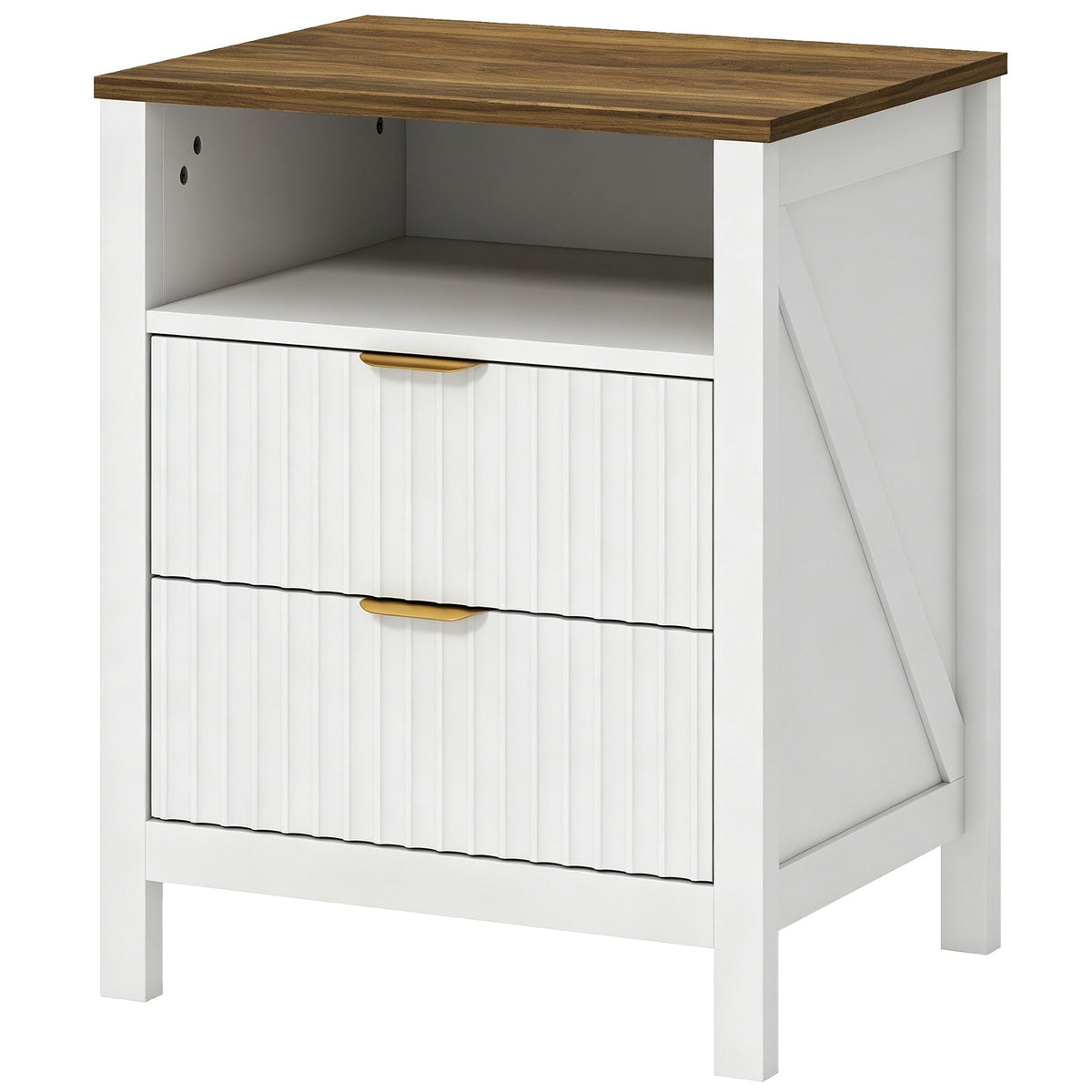 Modern Nightstand with 2 Fluted Drawers, Bedside Table with Open Storage Shelf, Anti-tipping Design, White and Walnut