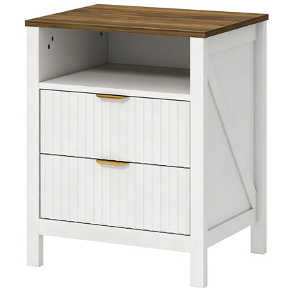 Modern Nightstand with 2 Fluted Drawers, Bedside Table with Open Storage Shelf, Anti-tipping Design, White and Walnut