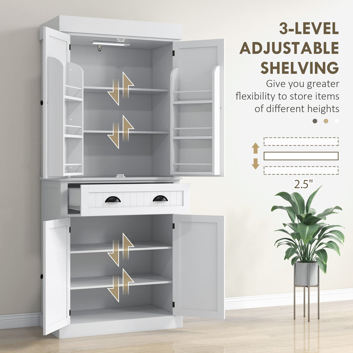 71" Kitchen Pantry Cabinet with LED Lights, 6 Spice Racks, a Drawer and 4 Adjustable Shelves, Black