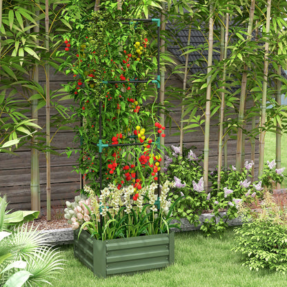 Galvanized Planter Box, Outdoor Raised Garden Bed with 3-Tier Trellis Tomato Cage for Climbing Vines, Vegetables, Brown