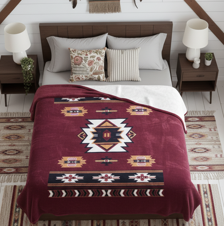 Maroon Navajo Ultra Soft Luxury Plush Blanket