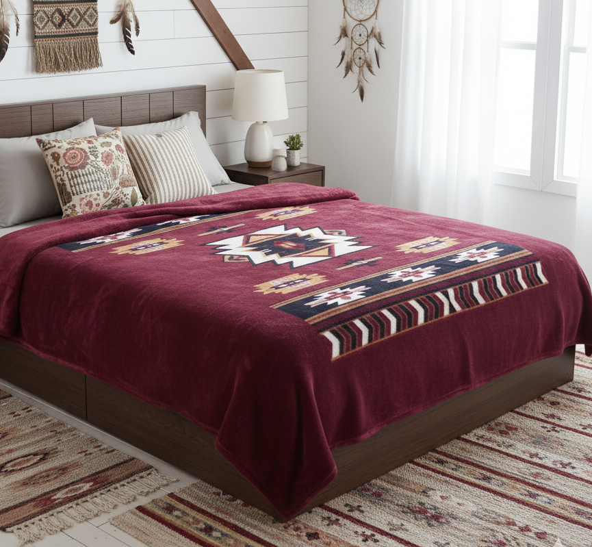 Maroon Navajo Ultra Soft Luxury Plush Blanket