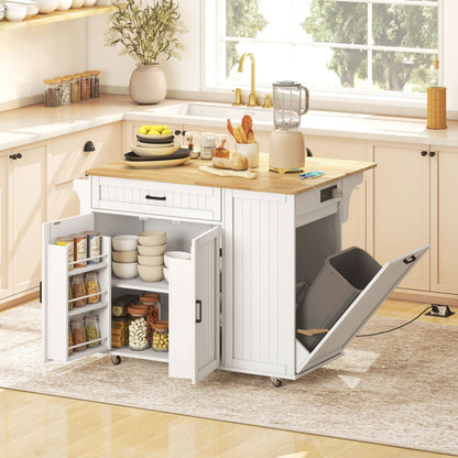 Kitchen Island Cart, Portable Kitchen Island Table with Charging Station, Rubber Wood Drop Leaf, Trash Storage, Black