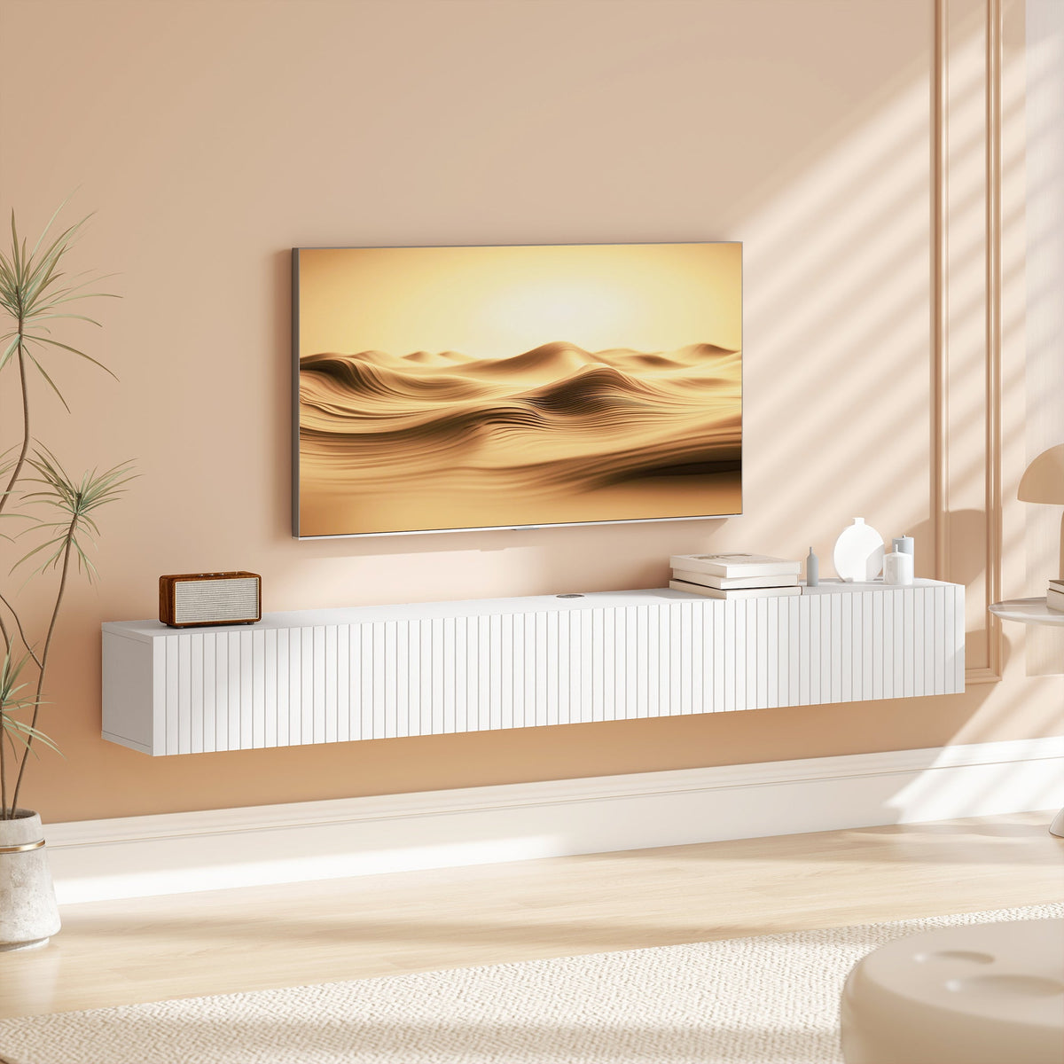 Jesse 71" Floating TV Stand with 2 Fluted Flip-Down Doors for TVs up to 75"-White