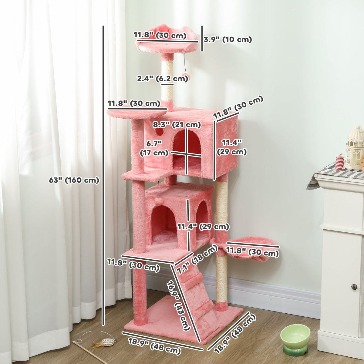 63 Inch Cat Tree with Sisal Scratching Posts, Condos, Plush Perches, Hammock, Ladder, Dangling Balls, Beige