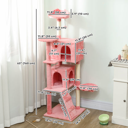63 Inch Cat Tree with Sisal Scratching Posts, Condos, Plush Perches, Hammock, Ladder, Dangling Balls, Beige