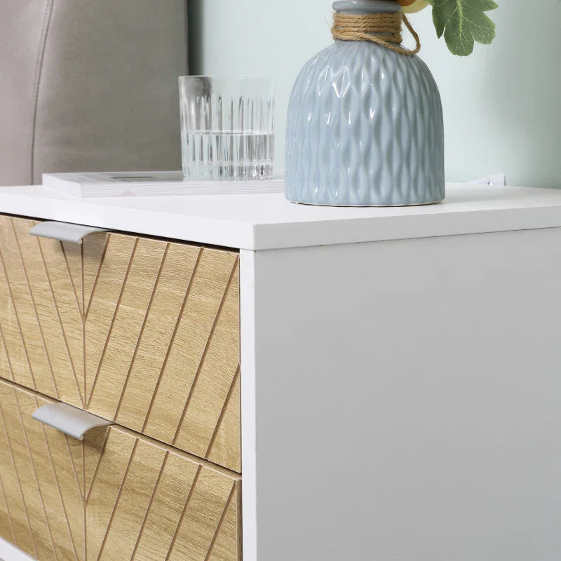 Emery Modern Bedside Table with 2 Drawers and Steel Legs-White/Oak