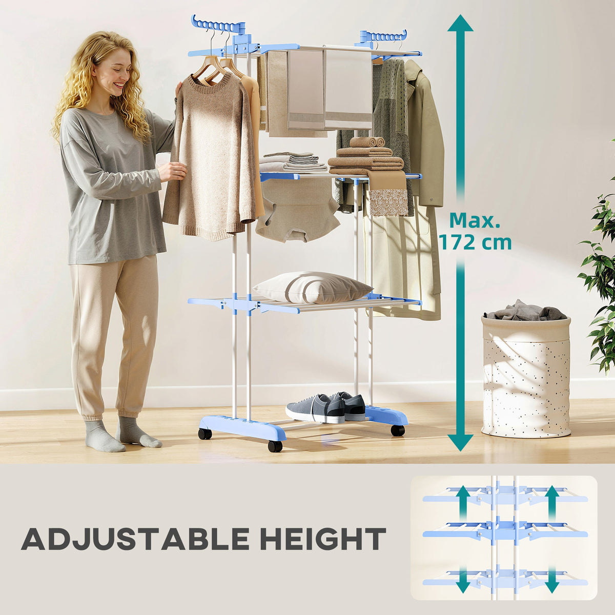 Foldable Clothes Drying Rack, 4-Tier Steel Laundry Rack for Drying Clothes with 2 Side Wings and 4 Castors, Indoor and Outdoor Use, Black