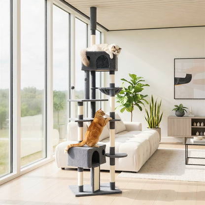 91"-98" Floor to Ceiling Cat Tree with 2 Condos, Hammock and Sisal Scratching Posts, for Indoor, Dark Grey