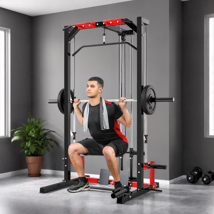 Smith Machine Power Rack with Pull Up Bar, Lat Pull Down System, Landmine, Squat Rack, Barbell Bar, for Home Gym