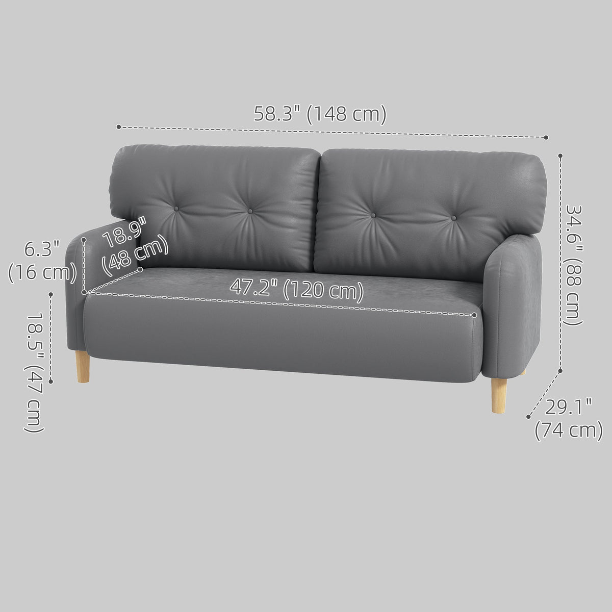 58" 2 Seat Sofa, Modern Love Seats Furniture, Upholstered 2 Seater Couch, Solid Wood Frame, Beige