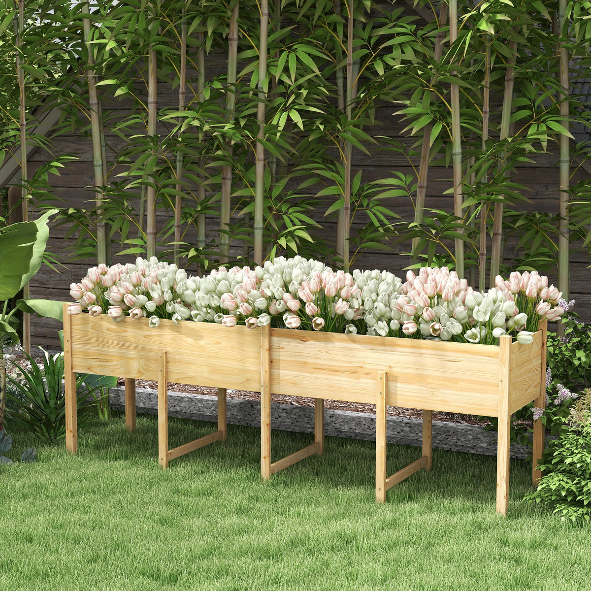 Wooden Raised Garden Bed Planter, Large Elevated Planter Box with Legs, Bed Liner and Drain Holes, Grey