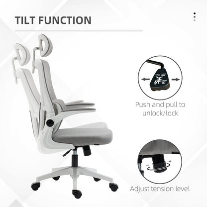 Ergonomic Office Chair, Mesh Computer Desk Chair with Adjustable Headrest, 4D Lumbar Support, Flip-up Arm, Grey