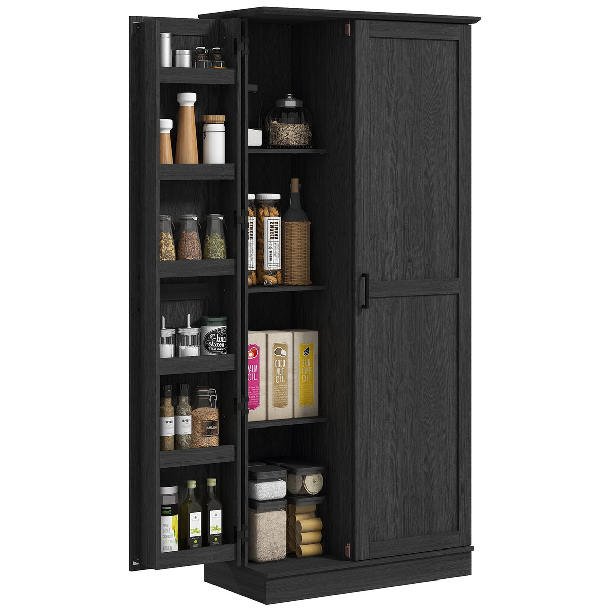 70" Tall Kitchen Pantry Cabinet with Door Shelves and Adjustable Shelves, Black Wood Grain