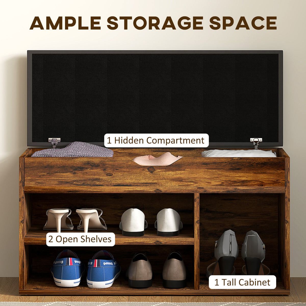 Shoe Bench Entryway Storage Rack with Padded Cushion, Hidden Storage for Hallway, Living Room, Natural