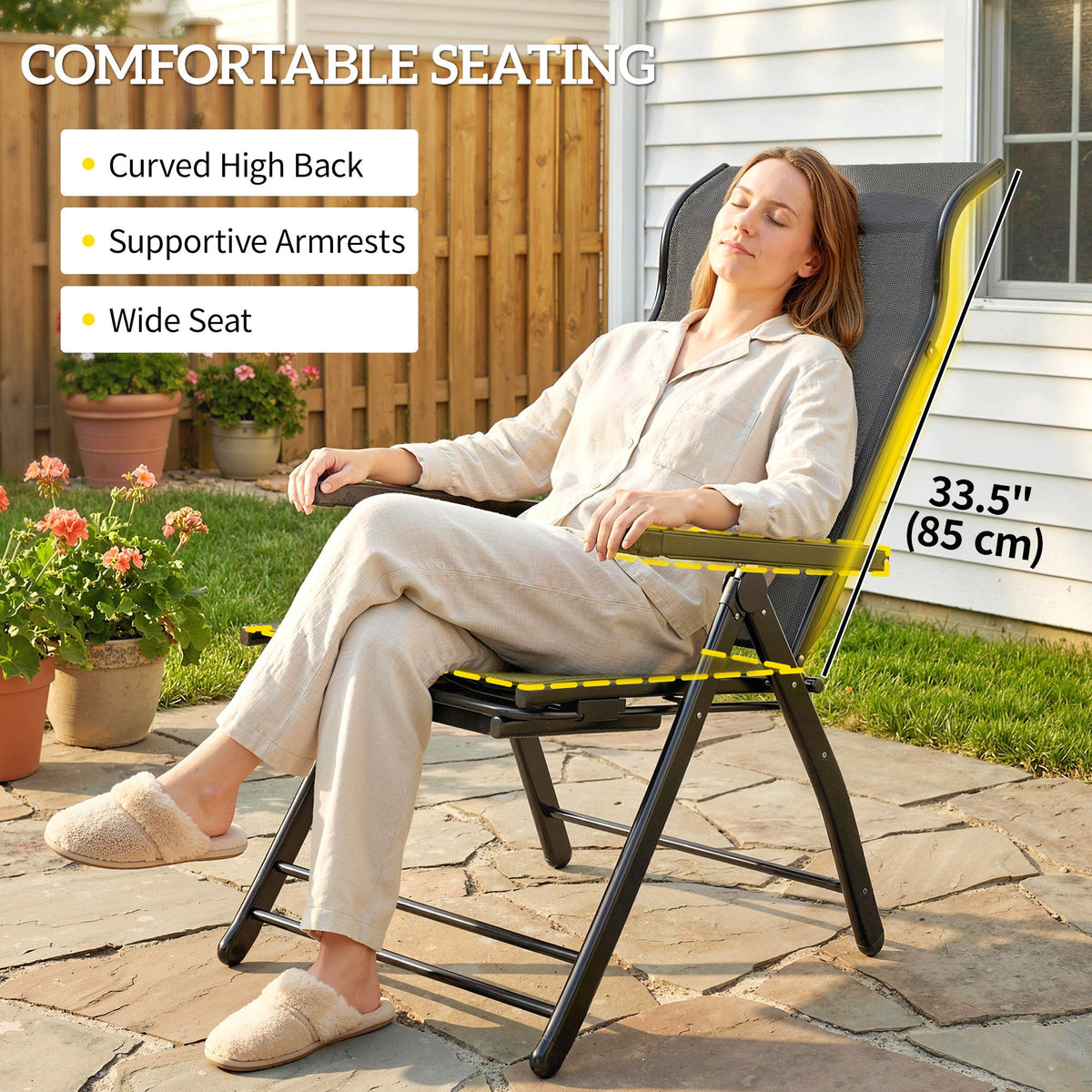 Folding Patio Chairs Set of 2, 5-Position Outdoor Lounge Chairs with High Back, Retractable Footrest, Black