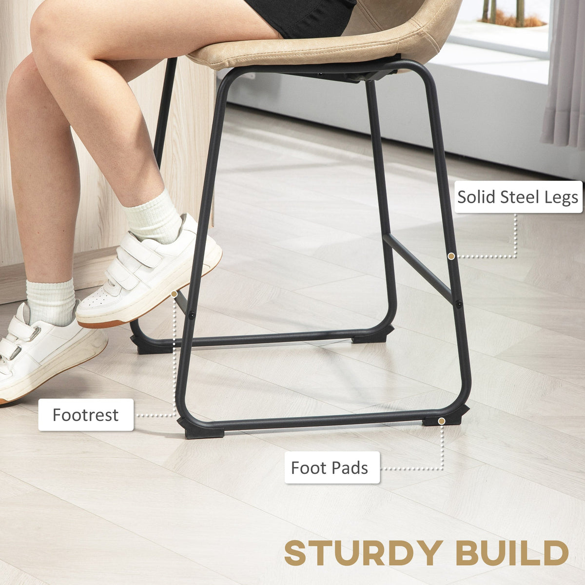 Counter Height Bar Stools Set of 2, Vintage PU Leather Bar Chairs, Kitchen Stool with Footrest, Beige