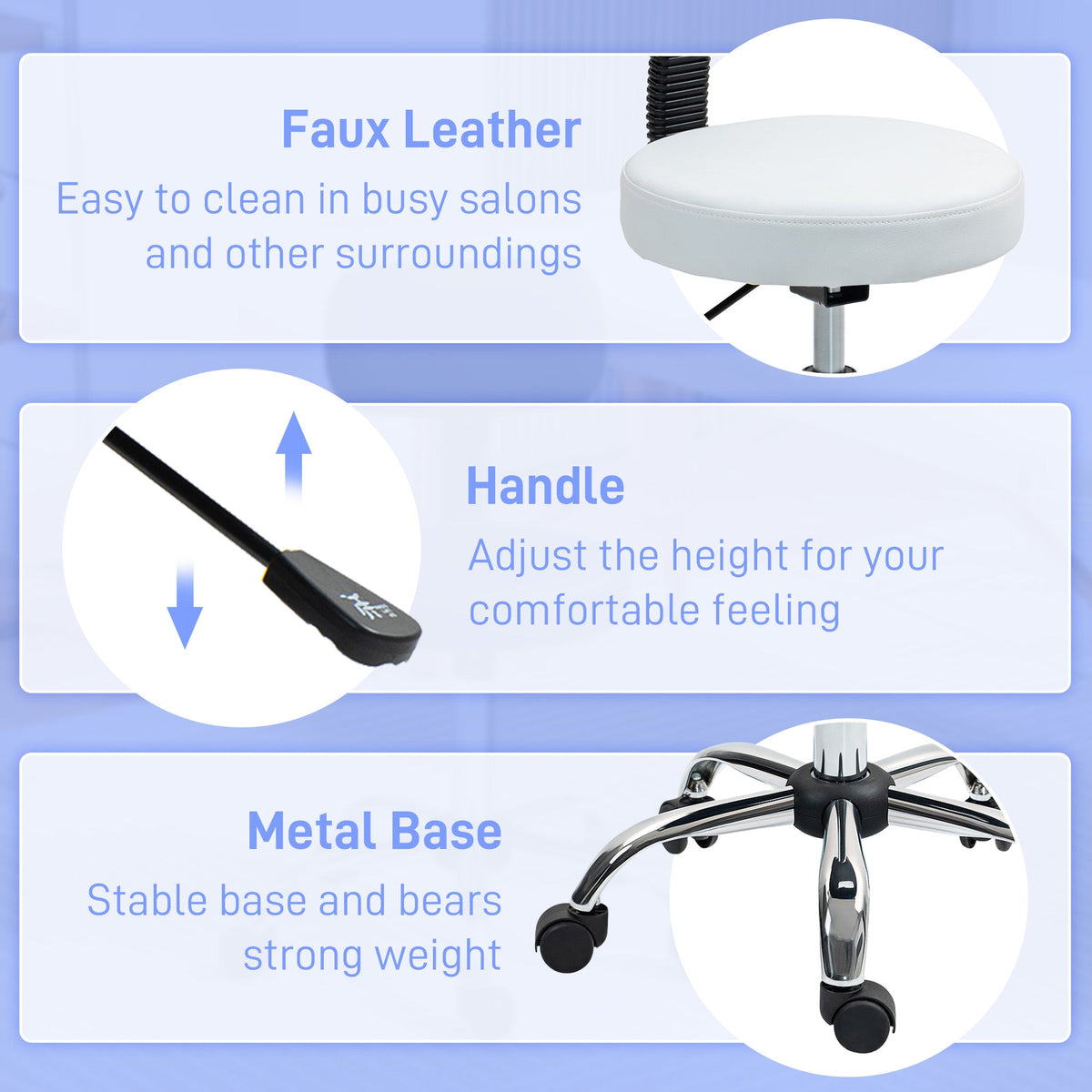 Adjustable Rolling Stool with Removable Backrest, Faux Leather Swivel Stool Chair for Salon Spa, Bar, Massage, Black