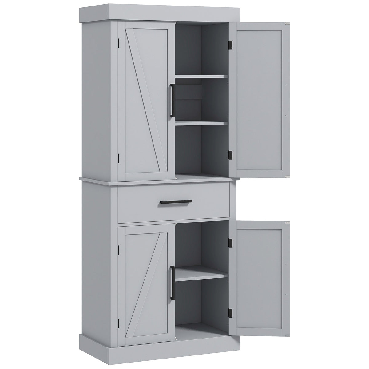 72" Kitchen Storage Cabinet, Farmhouse Kitchen Pantry Cabinet with 4 Barn Doors, Drawer, Adjustable Shelves, Black