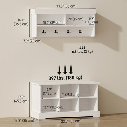 Coat Rack Shoe Bench Set, Entryway Shoe Bench with 8 Storage Cubbies, 4 Hooks for Hallway, Living Room, White