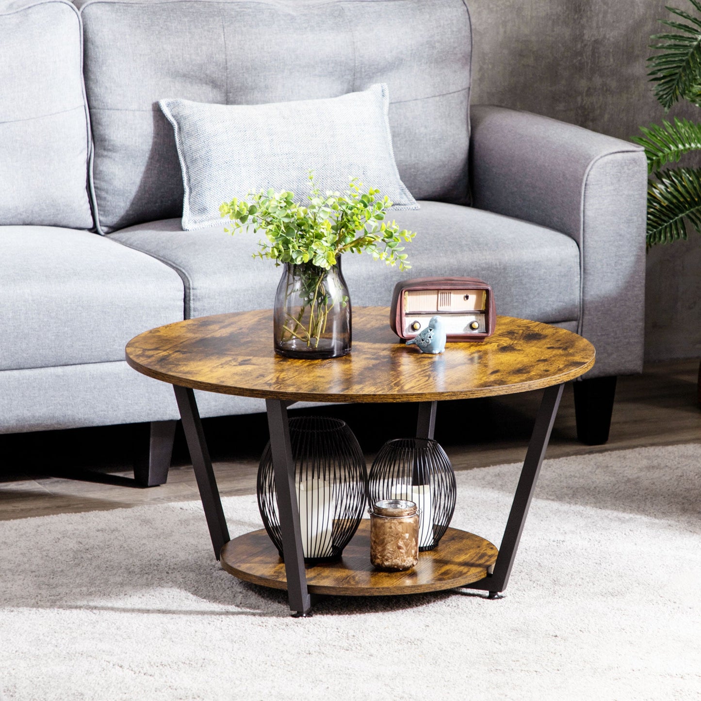 Matt Round Coffee Table with Storage Shelf-Rustic Brown